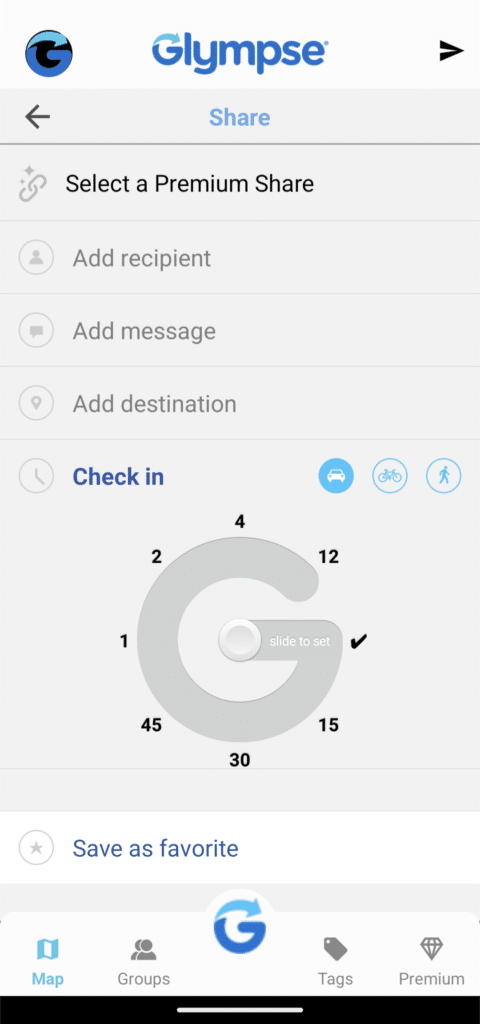 Within the Glympse sharing screen, you can add recipients, message, destination, and event the length of sharing your location.