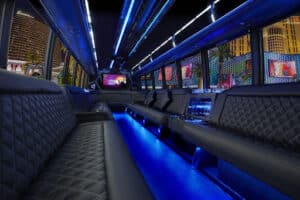 Interior of a fancy bus with benches